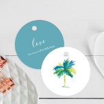 Etiquetas de Favor Tropical del Árbol de Palma de<br><div class="desc">Estas etiquetas únicas de color tropical incluyen mi palmera acuarela original en tonos azules, verdes y turquesa. La carta se transforma en un color azul turquesa con un espacio para la personalización. Úsalos para regalos de proposición de dama de honor, gracias y destino de bodas en la playa o favores...</div>