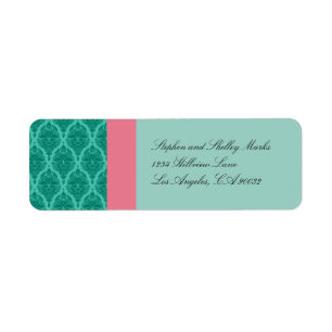Etiquetas de matrimonio de damasco verde y rosa