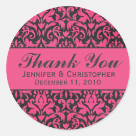 Etiquetas de matrimonio redondas de damasco rosa y