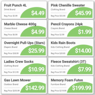 Etiquetas de precios de productos de compras al po