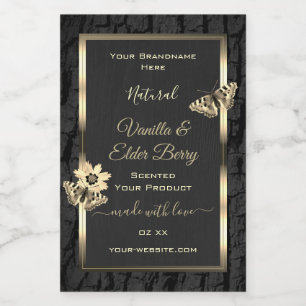 Etiquetas de productos dorados con corteza de árbo