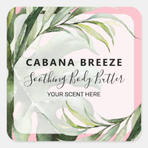 Etiquetas de productos rosados con temas tropicale