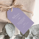 Etiquetas de regalo de bienvenida de Boda de lavad<br><div class="desc">Estas etiquetas de regalo mínimas de bienvenida de boda de lavanda en hoja son perfectas para un boda boho. El diseño presenta una sencilla silueta de hojas de vegetación en tonos púrpura lila pastel con un estilo minimalista bohemio-jardín. Personalice las etiquetas con la ubicación de su boda, una breve nota...</div>
