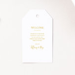 Etiquetas de regalo de bienvenida de Boda de oro s<br><div class="desc">Estos elegantes y sencillos rótulos de regalo de bienvenida de boda dorado son perfectos para su moderno boda minimalista blanco y dorado. El diseño presenta un tipo de letra oro contemporáneo mínimo acompañado de caligrafía formal. ¡Manténgalo como está,  o elige personalizarlo con tu propia obra de arte o fotos!</div>