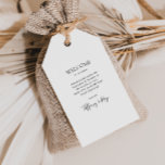 Etiquetas de regalo de bienvenida de boda simple y<br><div class="desc">Estas elegantes y sencillas etiquetas de regalo de bienvenida para bodas son perfectas para su moderno boda blanco y negro minimalista. El diseño presenta un tipo de letra contemporáneo mínimo acompañado de caligrafía formal. ¡Manténgalo como está,  o elige personalizarlo con tu propia obra de arte o fotos!</div>