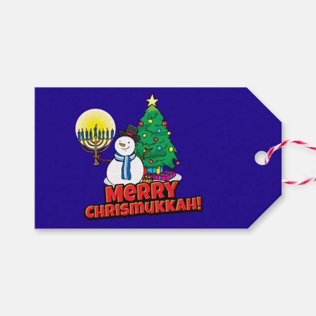 Etiquetas de regalo "Merry Chrismukkah" azules (Frente (Horizontal))