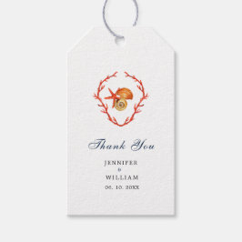 Etiquetas de regalo para bodas de coral y conchas 