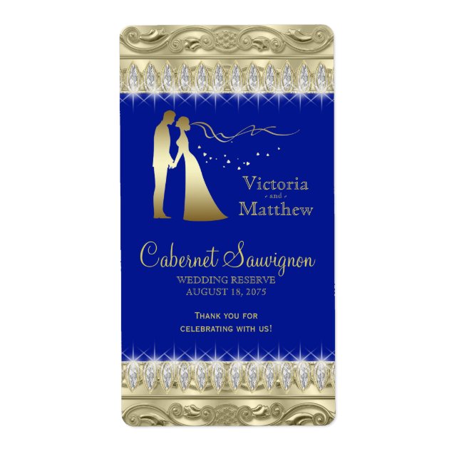 Etiquetas de vino de boda de oro azul real (Frente)