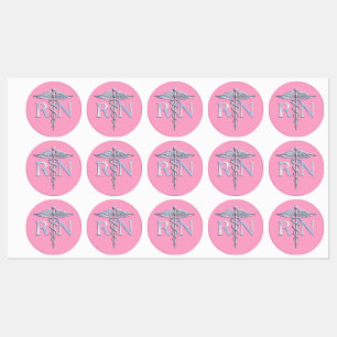 Etiquetas Enfermera Registrada RN Caduceo sobre Rosa Rosa