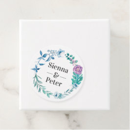 Etiquetas favoritas de la boda púrpura y azul flor