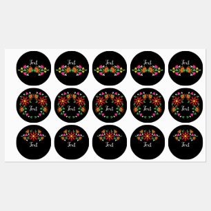 Etiquetas Fiesta de la flor de cumpleaños negra bordado mexi