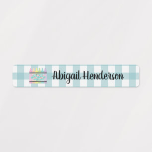 Etiquetas Floral Crayon Aqua Blue Plaid Name