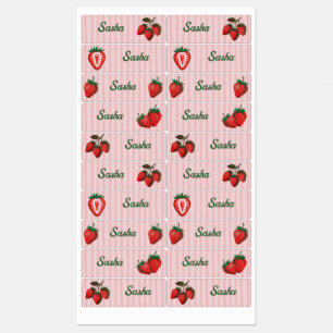 Etiquetas Fresas y Rayas Rosadas Bonitas Nombre de la Escuel
