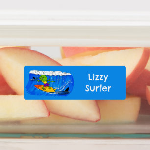 Etiquetas Funny friolera de lagarto de cuello frito surfista