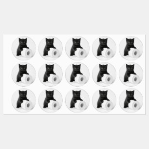 Etiquetas Gatito negro bebé protegiendo rollo de papel higié