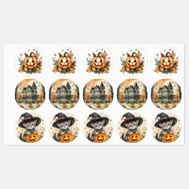 Etiquetas Gato de bruja caprichoso retro boho de Halloween,