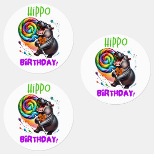 Etiquetas Hippo Cumpleaños Alegre, Colorida Bañera de Vela