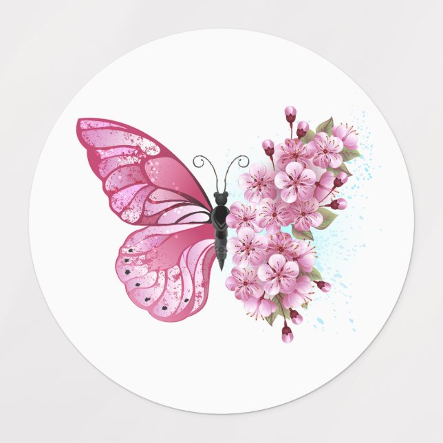 Etiquetas Mariposa de flores con Sakura rosa (Diseño 1)