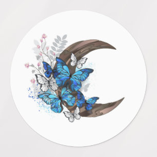 Etiquetas Mariposas azules sobre la media luna de madera