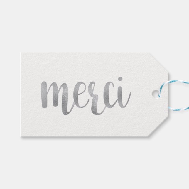 Etiquetas "merci" plateadas, Relieve metalizado, h (Frente (Horizontal))