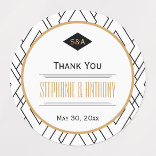 Etiquetas Monograma negro, oro y Boda Art Deco blanco
