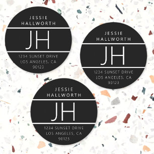 Etiquetas Monogramado blanco y negro moderno impermeable