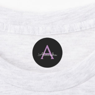 Etiquetas Morado Black Script Girly Monograma Nombre