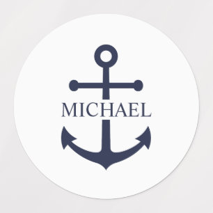 Etiquetas Nautical Navy Blue Anchor Nombre Personalizado
