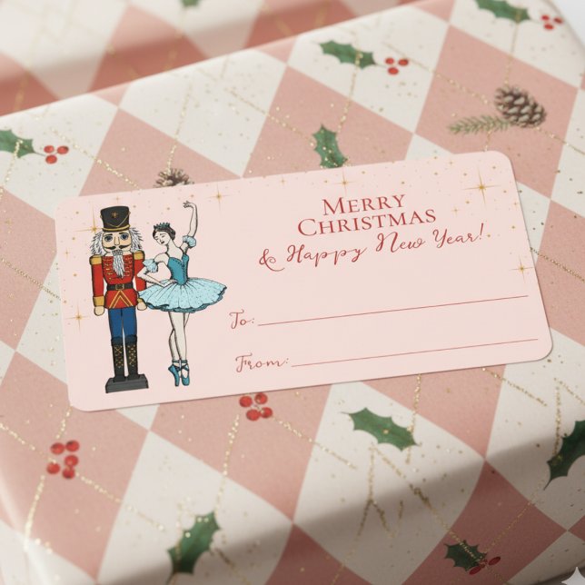 Etiquetas Navideñas de Cascanueces Festivas de Ros (Pink Festive Nutcracker Ballet Merry Christmas To From Gifting Stickers. Nutcracker, Ballerina Stars)