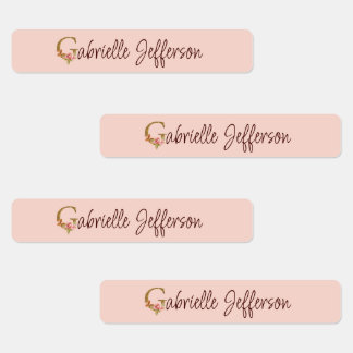 Etiquetas Nombre personalizado letra G rosa blush con hoja d