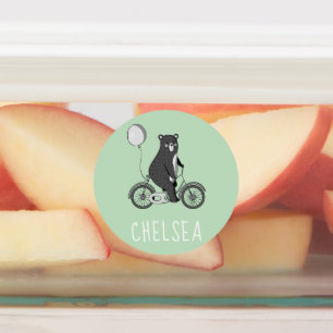 Etiquetas Oso escandinavo en bicicleta verde Minimalista