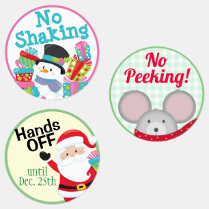 Etiquetas Papá Noel divertido "No mirar, No sacudir, Manos f