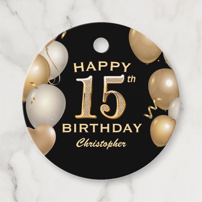 Etiquetas Para Recuerdos 15.ª fiesta de cumpleaños Globos de oro y negro (Anverso)