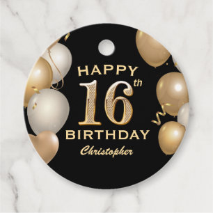 Etiquetas Para Recuerdos 16.ª fiesta de cumpleaños Globos de oro y negro