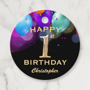 Etiquetas Para Recuerdos 1.ᵉʳ Fiesta de cumpleaños Globos de oro y negro