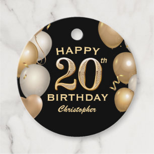 Etiquetas Para Recuerdos 20.ª fiesta de cumpleaños Globos de oro y negro