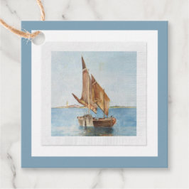 Etiquetas Para Recuerdos Acuarela de vista costera de barco de vela vintage