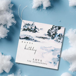 Etiquetas Para Recuerdos Acuarela Nieve Invierno Montañas Elegante Cumpleañ