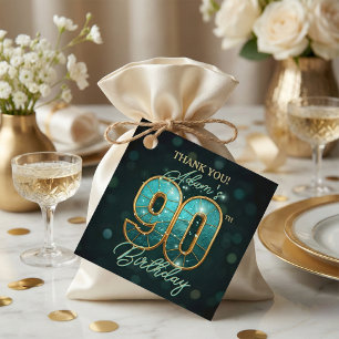 Etiquetas Para Recuerdos Ágata Verde Azul y Oro Gracias por tus 90 años