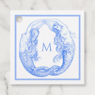 Etiquetas Para Recuerdos Arte Nouveau de Sirenas Monograma Azul Delft Antig