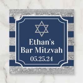 Etiquetas Para Recuerdos Azul, Barra Gris A Rayas Mitzvah Gracias