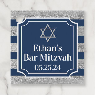 Etiquetas Para Recuerdos Azul, Barra Gris A Rayas Mitzvah Gracias