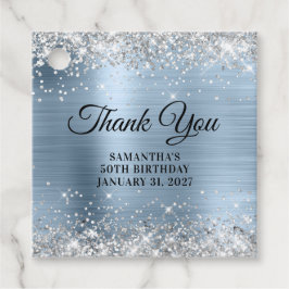 Etiquetas Para Recuerdos Azul Monograma Brillo Plateado Cumpleaños Gracias