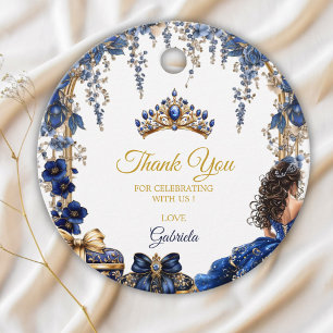 Etiquetas Para Recuerdos Azul Real Tiara Floral Dorada Quinceañera