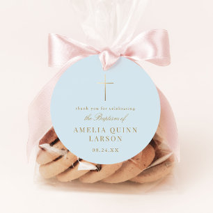 Etiquetas Para Recuerdos Azul Sencillo Elegante Cruz de Oro Baptismo Christ