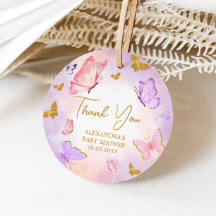 Etiquetas Para Recuerdos Baby Shower de mariposa morada de oro rosa