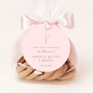 Etiquetas Para Recuerdos Baptismo de cruz de oro simple rosa elegante