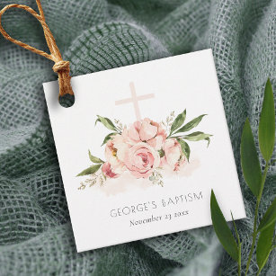 Etiquetas Para Recuerdos Baptismo de la cruz floral del Rosa pastel suave