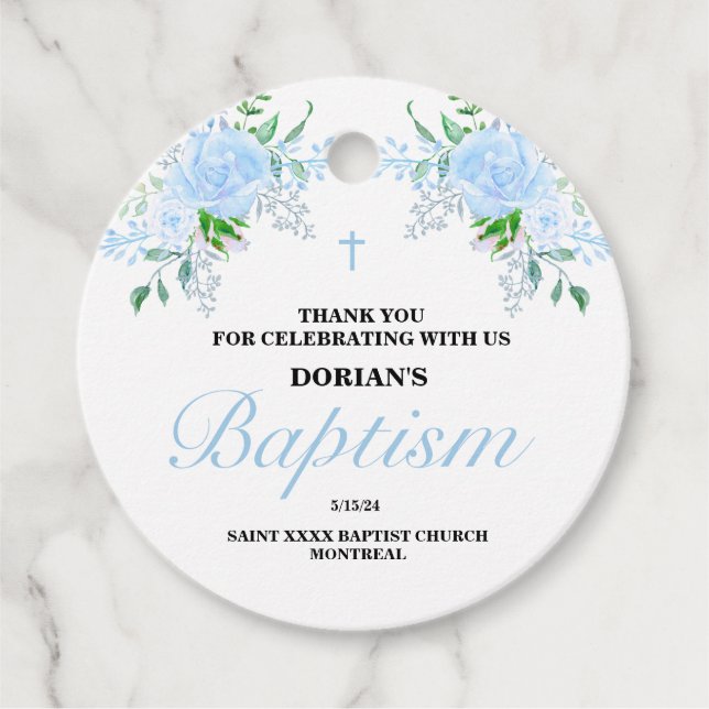 Etiquetas Para Recuerdos Bautismo de niño floral azul (Anverso)