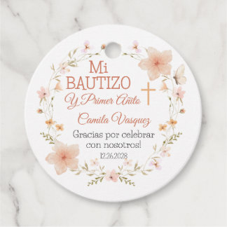 Etiquetas Para Recuerdos Bautismo y Primer Cumpleaños Flores Rosadas Bautiz